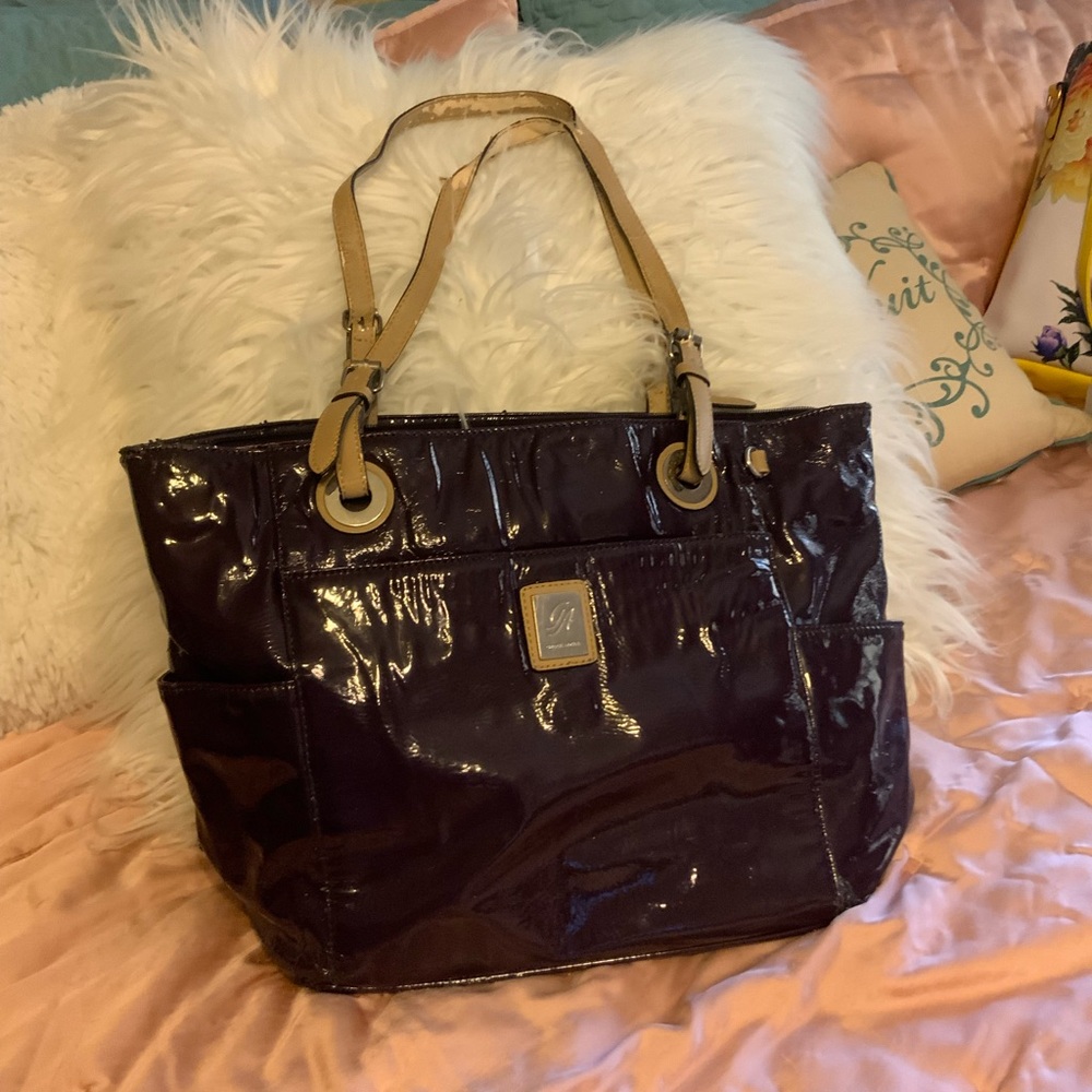 Grace Adele Glossy Dark Purple Tote with Tan Handles